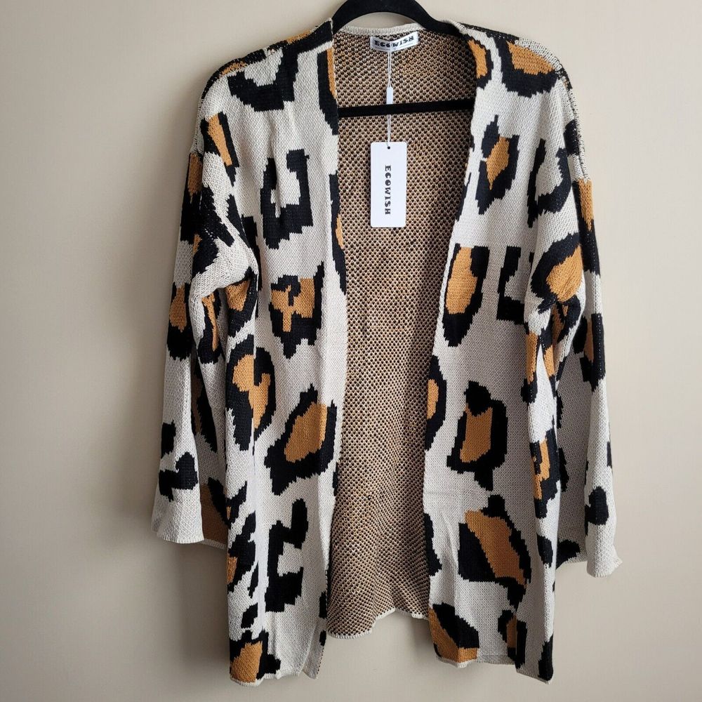 Ecowish Womens Cardigan Size Small Leopard Animal Print Knit Open Front Oversize